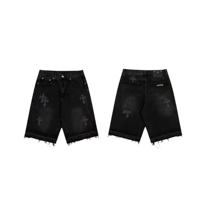 Chrome Hearts Cross Patch Denim Jorts - Washed Black