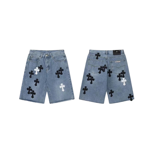 Chrome Hearts Multi-Cross Patch Denim Jorts - Indigo Blue