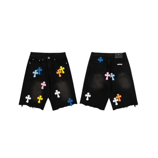 Chrome Hearts Cross Patch Denim Jorts - Light Wash Blue